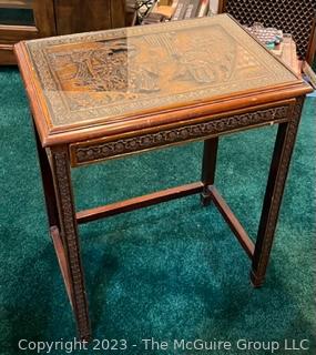 Chinese Hand-Carved Chinoiserie End Table with Narrow Drawer and Glass Top. This is the first of two offered in this auction.  20" x 14" x 25".