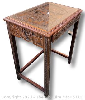 Chinese Hand-Carved Chinoiserie End Table with Narrow Drawer and Glass Top. This is the second of two offered in this auction.  20" x 14" x 25".