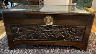 Hand Carved Chinese Camphor Wood Blanket Chest. With glass top and tray inside.  44"w x 24"d x 23"t 
