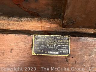 Chinese Carved Camphor Wood Flip Top Dry Bar and Liquor Cabinet, Possibly Made By George Zee, Shanghai Furniture Designer, with Brass Presentation Plaque.  34.5w x 17d x 40t"