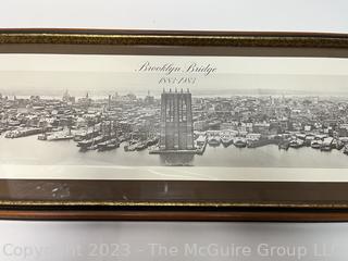 Framed Under Glass Black & White Photograph of the Brooklyn Bridge, NYC.  10 x 41"