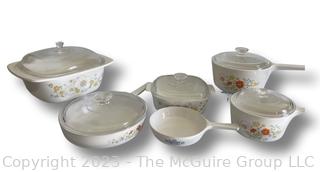 Group of Corning Ware Casseroles and Cookware with Glass Lids and Flower Decoration