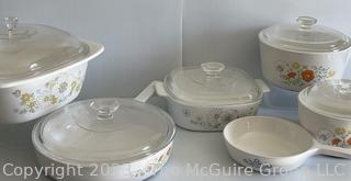 Group of Corning Ware Casseroles and Cookware with Glass Lids and Flower Decoration