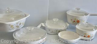 Group of Corning Ware Casseroles and Cookware with Glass Lids and Flower Decoration