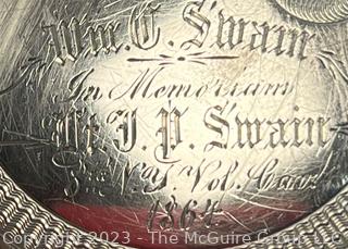 Engraved Keywind Pocket Watch Case Inscribed "Wm _ Swain In Memoriam Lt. _ _ Swain: 8th NY Vol. Cav. 1864"