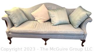 Carved Mahogany Chippendale Style Camel Back Sofa in Blue Damask Fabric. 82"l x 35"d x 34"t