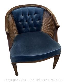 Mid-Century Blue Velvet Tufted Back Cane Barrel Chair.  26"w x 20"d x 30"t