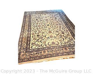 Hand Woven Narenj Paisley Wool Rug with Navy on Beige Ground. 100" x 135"