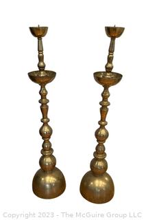 Two (2) Large Brass Moroccan Floor Altar Candle Holders 33"T