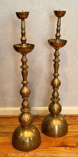 Two (2) Large Brass Moroccan Floor Altar Candle Holders 33"T