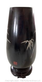 Vintage Black Lacquerware Wood Vase with Bamboo Design, Made in Taiwan From The Chen Furniture Studio. 11" tall.