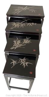 Set of Four (4) Chinese Lacquerware Chinoiserie Style Nesting Tables. Made in Taiwan From The Chen Furniture Studio. Largest 20" w x 14"d x 26" t