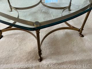 Round Glass Top Coffee Table with Brass Scalloped Base.  