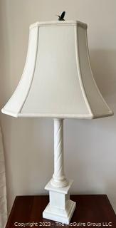 White Alabaster Marble Table Lamp with Finial and Shade.  This is the first of two being offer at auction. 35" tall including finial. 