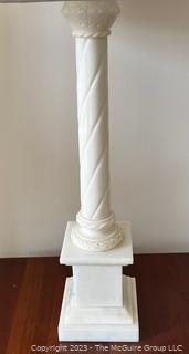 White Alabaster Marble Table Lamp with Finial and Shade.  This is the first of two being offer at auction. 35" tall including finial. 