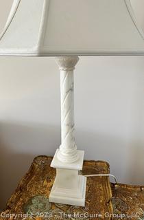 White Alabaster Marble Table Lamp with Finial and Shade.  This is the second of two being offer at auction. 35" tall including finial. 