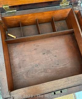 Mahogany Victorian Empire Side Table Vanity with Hinge Top with Mirrored Compartment and Drawer on Pedestal Base. Some damage to veneer. 21" x 20" x 27"