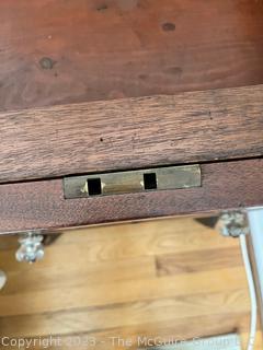 Mahogany Victorian Empire Side Table Vanity with Hinge Top with Mirrored Compartment and Drawer on Pedestal Base. Some damage to veneer. 21" x 20" x 27"