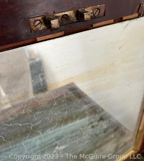 Mahogany Victorian Empire Side Table Vanity with Hinge Top with Mirrored Compartment and Drawer on Pedestal Base. Some damage to veneer. 21" x 20" x 27"