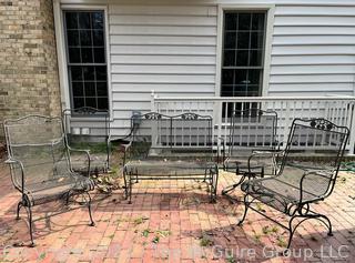 Group of Outdoor Metal Furniture Including Four (4) Chairs and One (1) Glider Bench.