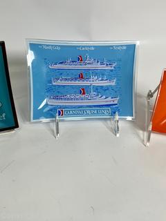 Three (3) Vintage Glass Trinket Trays Including Playboy Club, Carnival Cruises and Turquoise Room on Super Chief Railroad.  