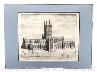 Copper Engraving of The South Prospect of the Cathedral of St. Peter's Glocester 1724 by Johannes Kip (1653-1722). 35 x 26"