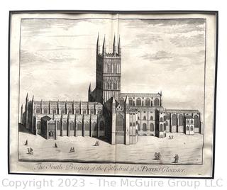 Copper Engraving of The South Prospect of the Cathedral of St. Peter's Glocester 1724 by Johannes Kip (1653-1722). 35 x 26"