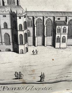 Copper Engraving of The South Prospect of the Cathedral of St. Peter's Glocester 1724 by Johannes Kip (1653-1722). 35 x 26"