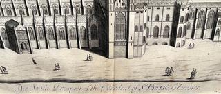 Copper Engraving of The South Prospect of the Cathedral of St. Peter's Glocester 1724 by Johannes Kip (1653-1722). 35 x 26"