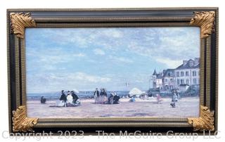 Framed Reproduction Oil on Canvas of Impressionist Painting “Beach at Trouville” by Boudi 38.5 x 23.5"