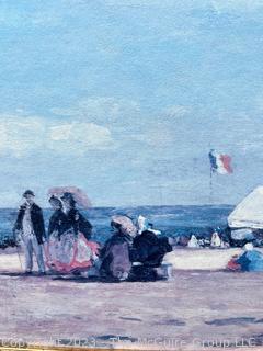 Framed Reproduction Oil on Canvas of Impressionist Painting “Beach at Trouville” by Boudi 38.5 x 23.5"