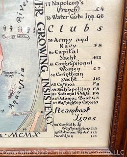 Framed Under Glass Print of Washington DC Wall Map with Calligraphy Annotations by Henrietta Lintner, 1948 Prepared With The Aid Of Fairchild Air Views.  37.5 x 25.5"