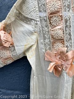 Edwardian White Hand Made Lace with Pink Silk Ribbon Cotton Night Gown or Dress