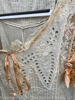 Edwardian White Hand Made Lace with Pink Silk Ribbon Cotton Night Gown or Dress