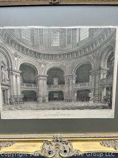 Framed Under Glass Copper Engraving of The Radcliffe Library by Joseph Skelton After Charles Wild (1781-1835).  26" x 30"