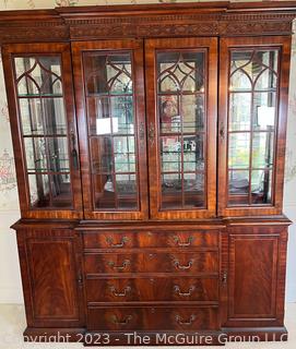 Chippendale Style China Display Lighted Hutch Cabinet with Mirrored Back and Glass Shelves.  Separates into two pieces. 17" deep, 71" wide, 86" tall (36" for base only)