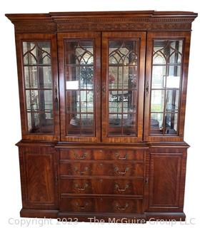 Chippendale Style China Display Lighted Hutch Cabinet with Mirrored Back and Glass Shelves.  Separates into two pieces. 17" deep, 71" wide, 86" tall (36" for base only)