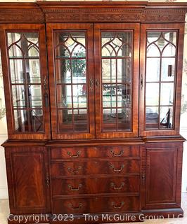 Chippendale Style China Display Lighted Hutch Cabinet with Mirrored Back and Glass Shelves.  Separates into two pieces. 17" deep, 71" wide, 86" tall (36" for base only)