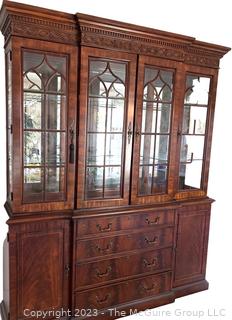 Chippendale Style China Display Lighted Hutch Cabinet with Mirrored Back and Glass Shelves.  Separates into two pieces. 17" deep, 71" wide, 86" tall (36" for base only)