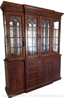 Chippendale Style China Display Lighted Hutch Cabinet with Mirrored Back and Glass Shelves.  Separates into two pieces. 17" deep, 71" wide, 86" tall (36" for base only)