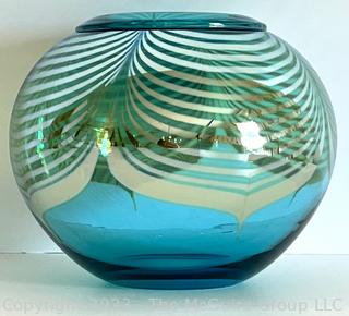 Hand Blown Correia Studio Art Aqua Puffer Glass Vase with Silver Iridescent Ribbons. 7" tall