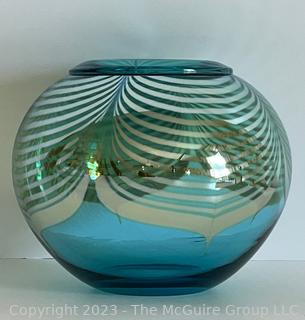 Hand Blown Correia Studio Art Aqua Puffer Glass Vase with Silver Iridescent Ribbons. 7" tall