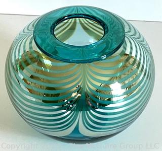 Hand Blown Correia Studio Art Aqua Puffer Glass Vase with Silver Iridescent Ribbons. 7" tall