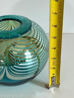 Hand Blown Correia Studio Art Aqua Puffer Glass Vase with Silver Iridescent Ribbons. 7" tall