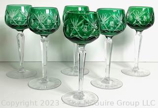 Six (6) Green Czech Bohemian Crystal Cut to Clear Glass Wine Glasses  7.5"T