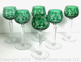 Six (6) Green Czech Bohemian Crystal Cut to Clear Glass Wine Glasses  7.5"T