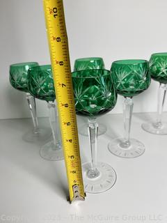 Six (6) Green Czech Bohemian Crystal Cut to Clear Glass Wine Glasses  7.5"T