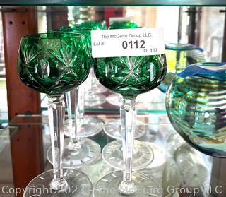 Six (6) Green Czech Bohemian Crystal Cut to Clear Glass Wine Glasses  7.5"T