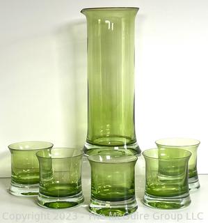 Set of Mid Century Green Cocktail Pitcher & Five (5) Glasses. Tall Glass around ~8"T