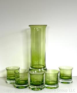 Set of Mid Century Green Cocktail Pitcher & Five (5) Glasses. Tall Glass around ~8"T